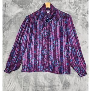 Vintage 80s Deborah Barry Striped Tie Collar Button Front Top Size M Purple Blue